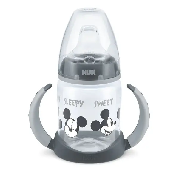 Canuta cu manere si cioc silicon cu control de temperatura Nuk First Choice Mickey Grey