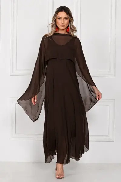 Capa dama din matase si vascoza tip kimono, croi fluid pentru layering, maro inchis