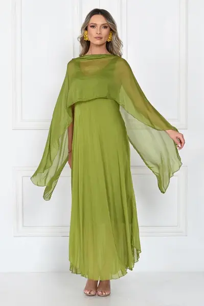 Capa dama din matase si vascoza tip kimono, croi fluid pentru layering, verde olive