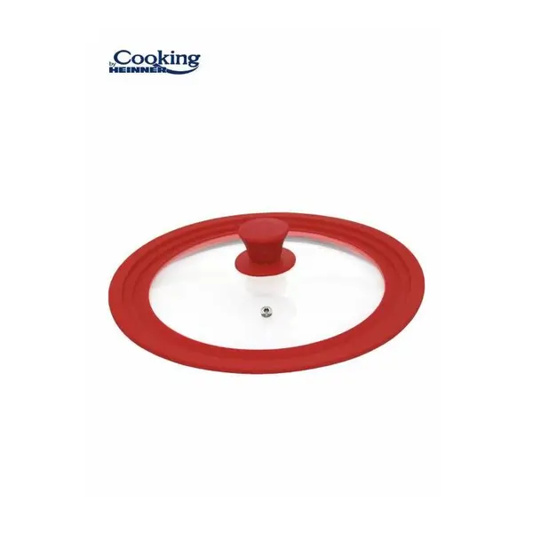Capac din sticla cu margine din silicon ajustabila pe 3 dimensiuni 22/24/26 cm, Rosu, Cooking By Heinner
