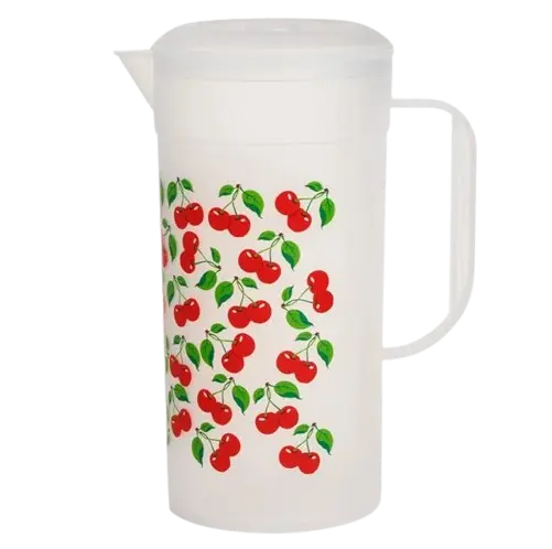 Carafa cu capac si maner pentru bauturi, plastic, imprimeu cirese, 2 litri