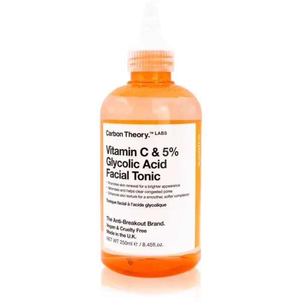 Carbon Theory SupaVIT-C 5% Glycolic & Vitamin C solutie tonica cu efect de iluminare împotriva acneei, a roșeții și a cicatricilor post-acnee 250 ml
