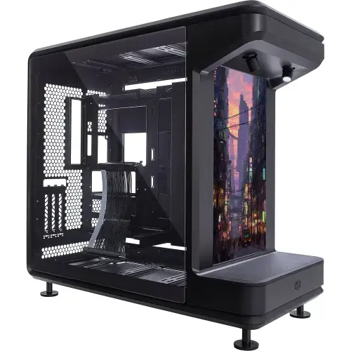 Carcasa Cooler Master MasterFrame 360 STAGE LCD, Full Tower, Sticla securizata, 93 L, PCIe 5.0 Riser incluse, 2x Spoturi ARGB, Ecran 15.6inch FHD 1080p (Negru)