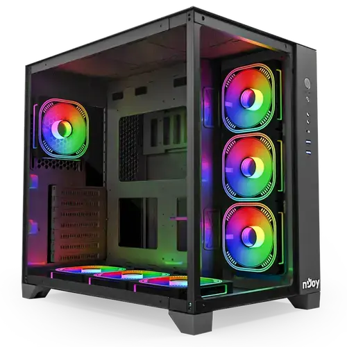 Carcasa nJoy Aura, ARGB, Middle Tower, ATX, 7 ventilatoare incluse, fara sursa, Negru