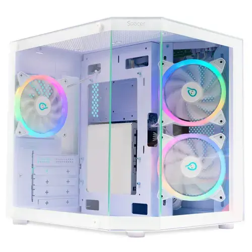 Carcasa SPACER AQUARIUM, Mini Tower, mATX, fara sursa, sticla securizata, 3 x ARGB fan, HUB, telecomanda, USB 3.0 x 1, USB Type-C x 1, HD-Audio, Jack 3.5mm x 1, PSU shroud, Alb