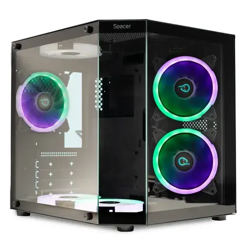 Carcasa SPACER AQUARIUM, Mini Tower, mATX, fara sursa, sticla securizata, 6 x ARGB fan, HUB, telecomanda, USB 3.0 x 1, USB Type-C x 1, HD-Audio, Jack 3.5mm x 1, PSU shroud, Negru