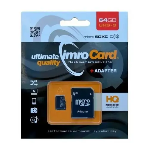 Card de memorie microSDXC 64GB Imro, clasa 10, UHS-3, viteza de citire 85MB/s, viteza de scriere 43MB/s