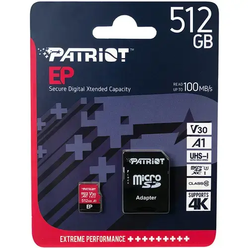 Card de memorie Patriot EP Series, 512GB, microSDXC, UHS-I U3, V30, Clasa 10, Adaptor SD inclus