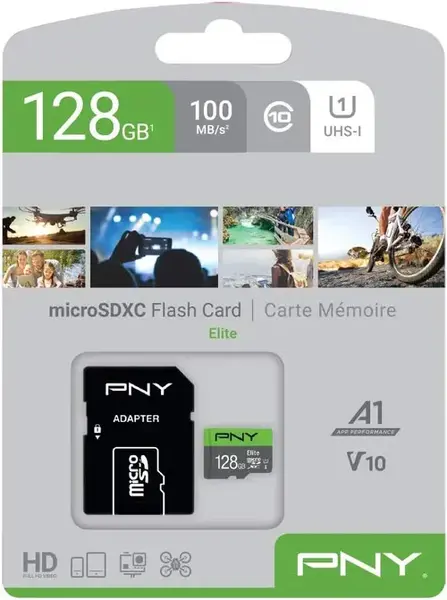 Card de memorie PNY Elite, 128GB, microSDXC, UHS-I U1, V10, Clasa 10, A1, Adaptor SD inclus