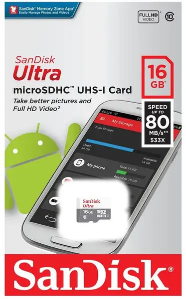 Card de memorie SanDisk Ultra Android microSDHC, 16GB, 80 MB/s Citire, Clasa10, UHS-I