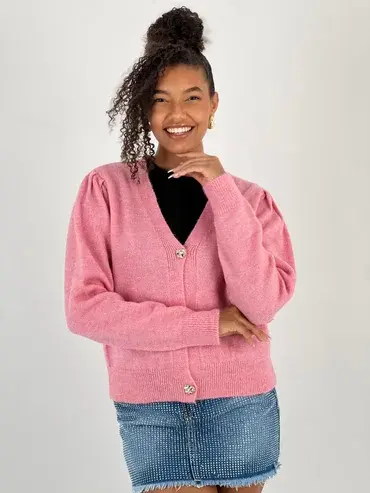 Cardigan cu decolteu in V, din tricotaj roz cu nasturi decorativi aurii