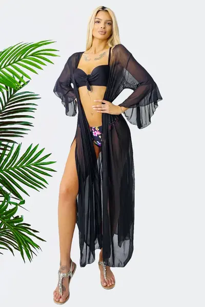 Cardigan de plaja LEXA, cu maneca evazata si snur in talie, Negru