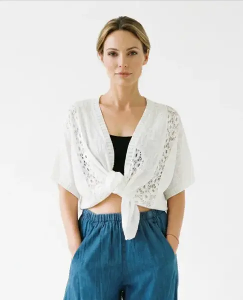 Cardigan de vara din bumbac cu broderie sparta si colturi frontale, alb