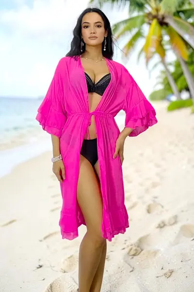 Cardigan midi de plaja Amber Muse, cu volane feminine si snur reglabil, Fucsia