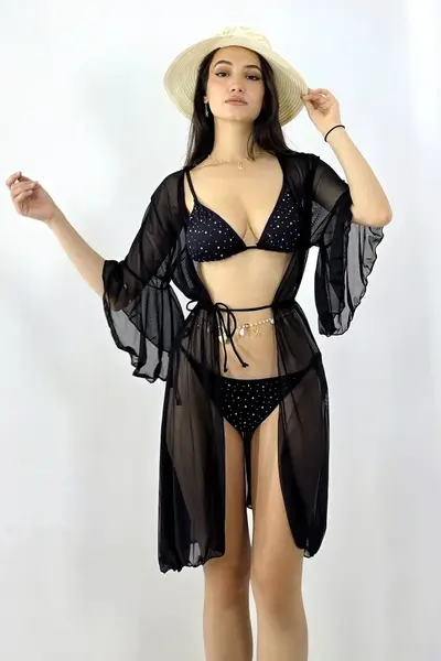 Cardigan scurt de plaja NaLLa, cu maneca evazata si snur in talie, Negru
