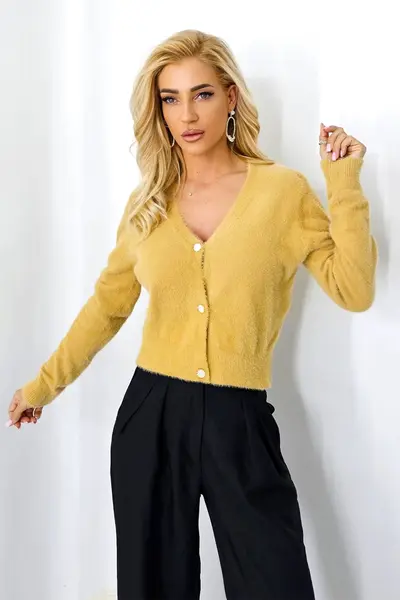 Cardigan tricotat FluFFy Vibe, cu aspect de casmir si nasturi eleganti, Bej