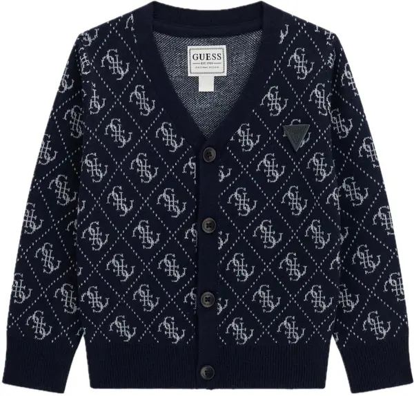 Cardigan tricotat Guess - Cu decolteu în V și nasturi, bleumarin, 3-6 luni