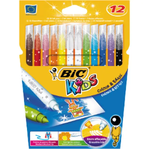 Carioci, 12 culori/set, Colour & Erase Bic
