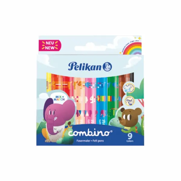 Carioci cu varf gros, 9 culori/set, lavabile, Pelikan Combino Super