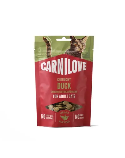 CARNILOVE Crunchy Snack Duck gustare crocantă pentru pisici 50 g cu zmeură