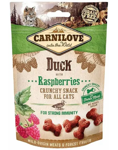 CARNILOVE Crunchy Snacks recompense pentru pisici, cu rata si zmeura 50 g