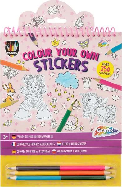 Carte de colorat autocolant Grafix Colouring - Cu 3 creioane, roz