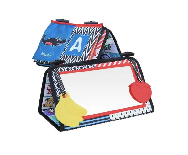 Carte senzoriala montessori pentru bebelusi cu oglinda, pagini fosnitoare si jucarii gingivale