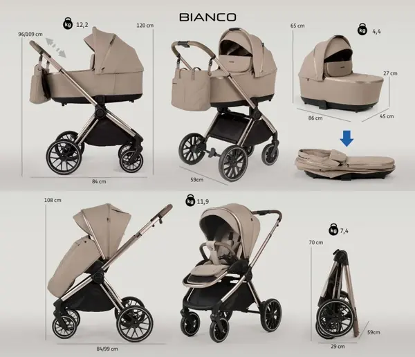 Carucior 2 in 1 Adamex Bianco Deluxe Collection cu suspensii, maner reglabil, certificat EN18882022 pana la 22 kg, Champagne Beige