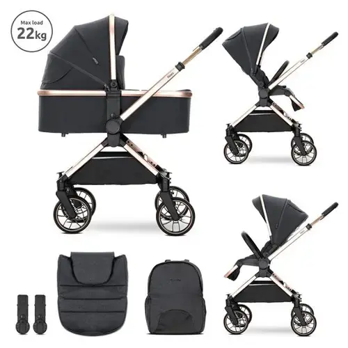 Carucior 2 in 1 Lorelli Reya, cos individual cu maner de transport, maner si sezut reversibile, pana la 22 kg, Negru