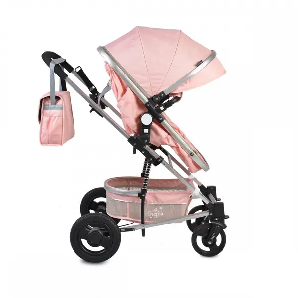 Carucior 2 in 1 transformabil Moni Gigi Pink cu sezut reversibil,roti rezistente,husa picioare si geanta mamici incluse,pliere usoara,cadru rezistent din aluminiu,capotina mare