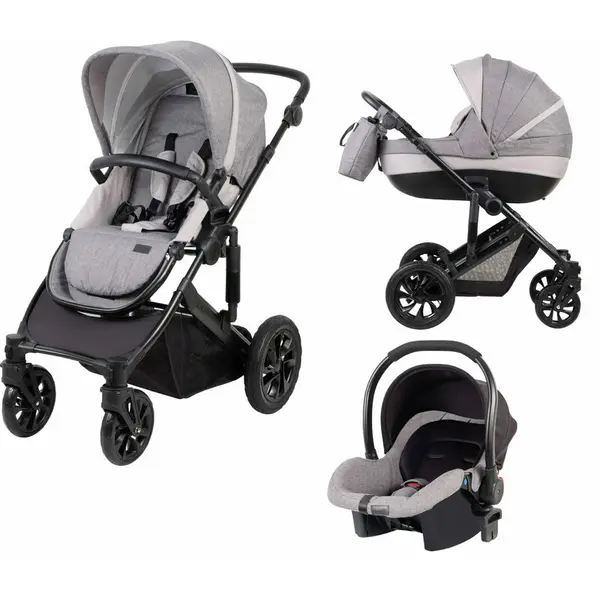Carucior 3 in 1, FreeON, Trio Comfort, Cu cadru din aluminiu, Cu landou intarit, Reversibil, Scoica auto, Parte sport cu sezut reversibil, Geanta pentru mamici, Conform cu standardele europene de securitate EN 1888:2018 si ECE R44/04, Grey