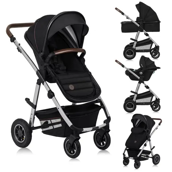 Carucior 3 in 1 Lionelo Amber Cadru aluminiu, Cu landou intarit si salteluta moale, Cu scoica auto testata ADAC, Reversibil, Cu accesorii, Geanta parinti, Sarcina maxima 22 kg, Standard de siguranta EN1888-1 EN1466 ECE R129 negru silver