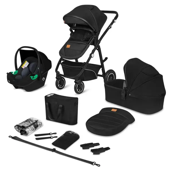 Carucior 3 in 1, Lionelo, Bianka, Transformabil, Cadru aluminiu, Cu landou si salteluta moale, Cu scoica auto, Cu multiple accesorii, Sustine 22 kg, 0 luni+, EN1466:2014+AC:2015, EN1888, Negru