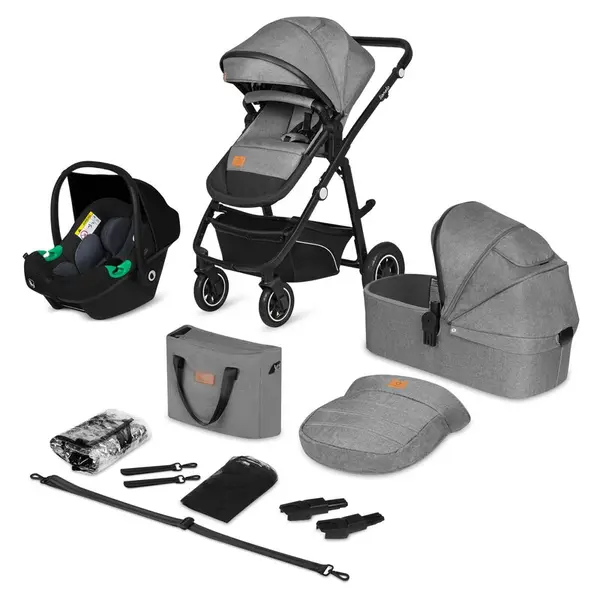 Carucior 3 in 1, Lionelo, Bianka, Transformabil, Cadru aluminiu, Cu landou si salteluta moale, Cu scoica auto, Cu multiple accesorii, Sustine 22 kg, 0 luni+, EN1466:2014+AC:2015, EN1888, Gri