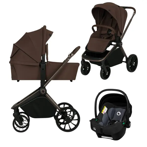 Carucior 3 in 1, Lionelo, Mika Plus, Cadru din aluminiu, Cu landou intarit si salteluta moale, Cu scoica auto testata ADAC, Reversibil, Cu sistem de ventilatie 3D, Cu accesorii, Pana la 22 kg, EN1888-1 EN1888-2 EN1466 ECE R129, Mocha Mousse