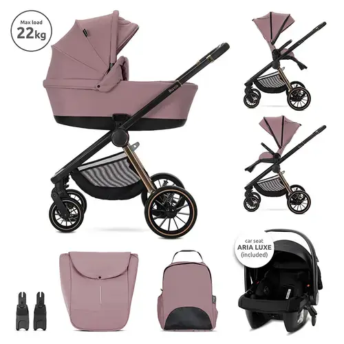 Carucior 3 in 1 Lorelli Bianca, cos landou individual, cosulet auto Aria Luxe inclus, cadru din aluminiu, pana la 22 kg, Roz