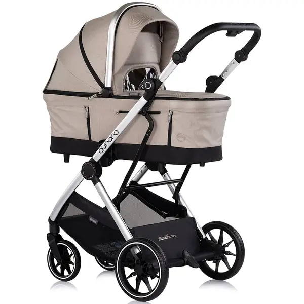Carucior 3 in 1 pentru copii Chipolino Aurora Latte, reversibil, spatar reglabil, cadru din aluminiu, suspensii, geanta, greutate admisa 22 kg