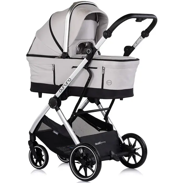Carucior 3 in 1 pentru copii Chipolino Aurora Platinum, reversibil, spatar reglabil, cadru din aluminiu, suspensii, geanta, greutate admisa 22 kg