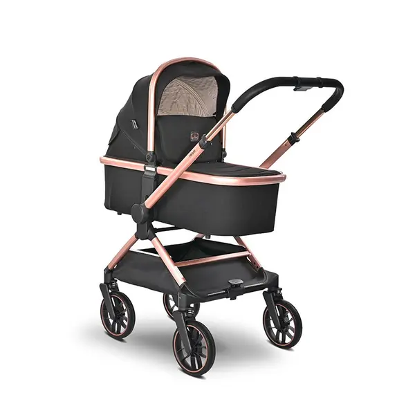 Carucior 3 in 1 pentru copii Lorelli Reya Negru Jasper cu maner reversibil, cadru din aluminiu, suspensii, maner pentru transport, greutate admisa 22 kg