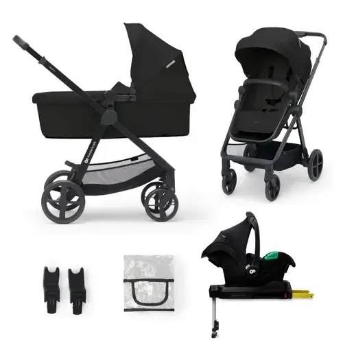 Carucior 4 în 1 KinderKraft Newly, 0 - 22kg, scoica auto Mink Prf cu baza Isofix inclusa, Negru