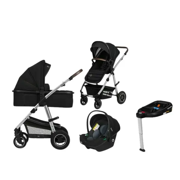Carucior 4 in 1, Lionelo, Amber, Cu landou intarit si salteluta moale, Cu scoica auto testata ADAC, Baza isofix pentru scoica, Reversibil, Cu accesorii, Pana la 22 kg, EN1888-1 EN1888-2 EN1466 ECE R129, Negru silver