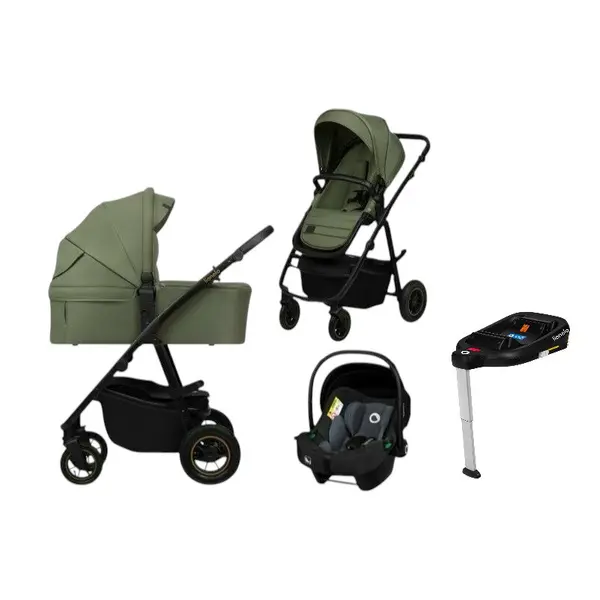 Carucior 4 in 1, Lionelo, Amber Plus, Pana la 22 kg, Cu landou intarit si salteluta din spuma AirDots, Cu scoica auto testata ADAC, Baza isofix pentru scoica, Reversibil, Cu ventilatie 3D, Cu accesorii, EN1888-1, EN1888-2, EN1466, Verde