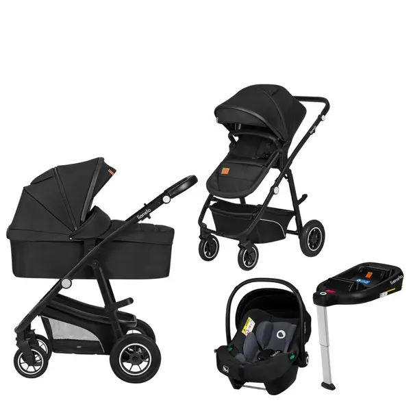 Carucior 4 in 1, Lionelo, Bianka, Transformabil, Cu landou si salteluta moale, Cu scoica auto, Baza isofix pentru scoica, Cu multiple accesorii, Sustine 22 kg, 0 luni+, EN1466:2014+AC:2015, EN1888, Negru