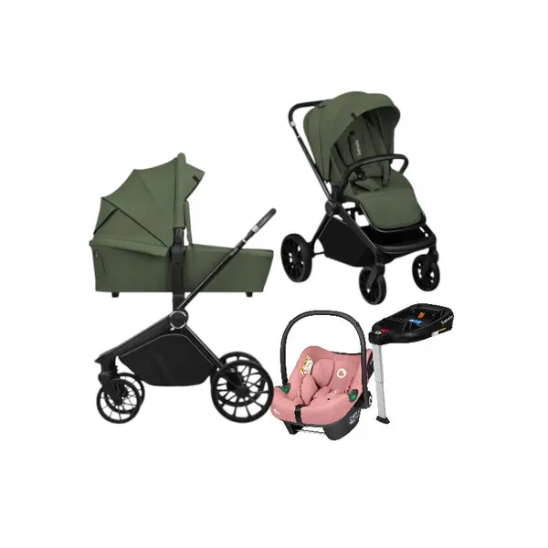 Carucior 4 in 1, Lionelo, Mika Plus, Cu scoica auto Roz testata ADAC + Baza Isofix, Reversibil, Cu sistem de ventilatie 3D, Cu accesorii, Pana la 22 kg, EN1888-1 EN1888-2 EN1466 ECE R129, Verde