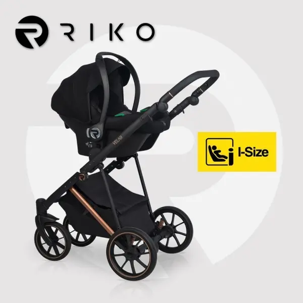 Carucior 4 in 1 pentru copii, Riko Velar Magma Premium Line, cu parte sport, scoica auto testata ADAC, i-Size omologat R129, cu baza isofix, accesorii incluse, pana la 22 kg, Negru