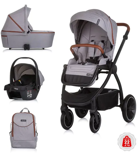 Carucior combinat 3 in 1 pentru bebelusi Chipolino - Prestige, gri tulbure