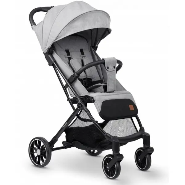 Carucior cu pliere compacta pentru copii cu suspensii,spatar reglabil,bara de protectie detasabila,capotina cu protectie UV,husa de transport,husa picioare si husa ploaie,dimensiuni compatibile avion Nukido Paseo Gri deschis