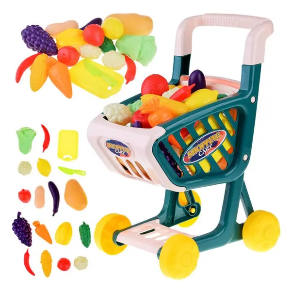 Carucior de cumparaturi, Jokomisiada, Cu fructe si legume, 32 piese, 3 ani+, Multicolor
