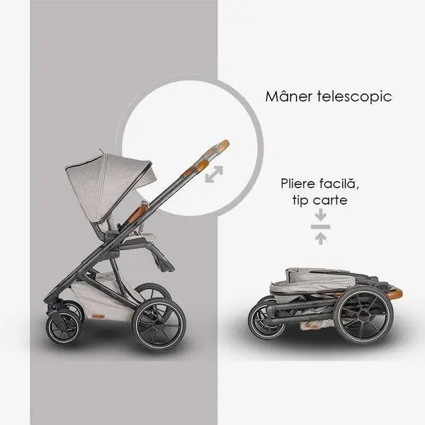 Carucior modular 2in1 Coccolle Nessia certificat EN1881-2-2018 pana la 22 kg, Roti mari de cauciuc cu suspensie, Piesa reversibila, Landou cu saltea anti-reflux, Copertina XXL cu protectie UV 50+, Maner telescopic, Pliere compacta, Diamond Black