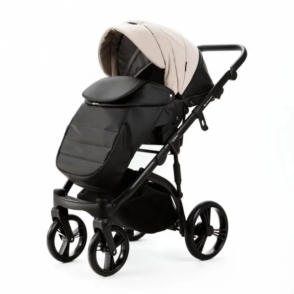 Carucior pentru copii 2 in 1, Adamex Lanti SD110, pliabil, landou cu salteluta, copertina reglabila, roti frontale pivotante 360, cu dubla suspensie si husa de ploaie inclusa, Full EcoLeather, Black Grain